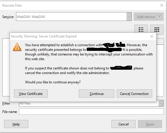 WebDAV Connection Certificate Confirmation
